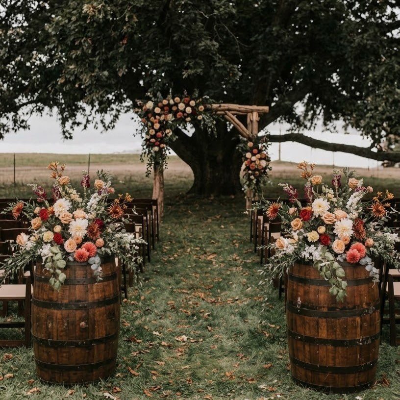 Autumnal floral arrangements on wooden barrels lining a grassy wedding ceremony aisle.