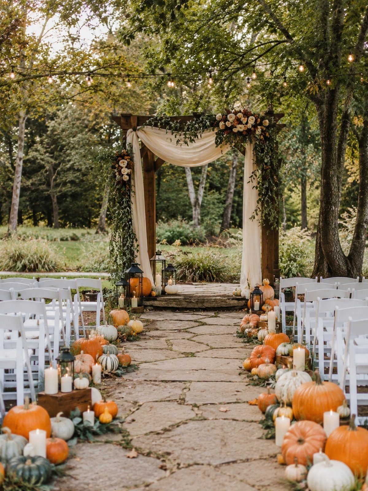 Pumpkins lining a stone walkway leading to a decorated wooden wedding ceremony arch in a forest.