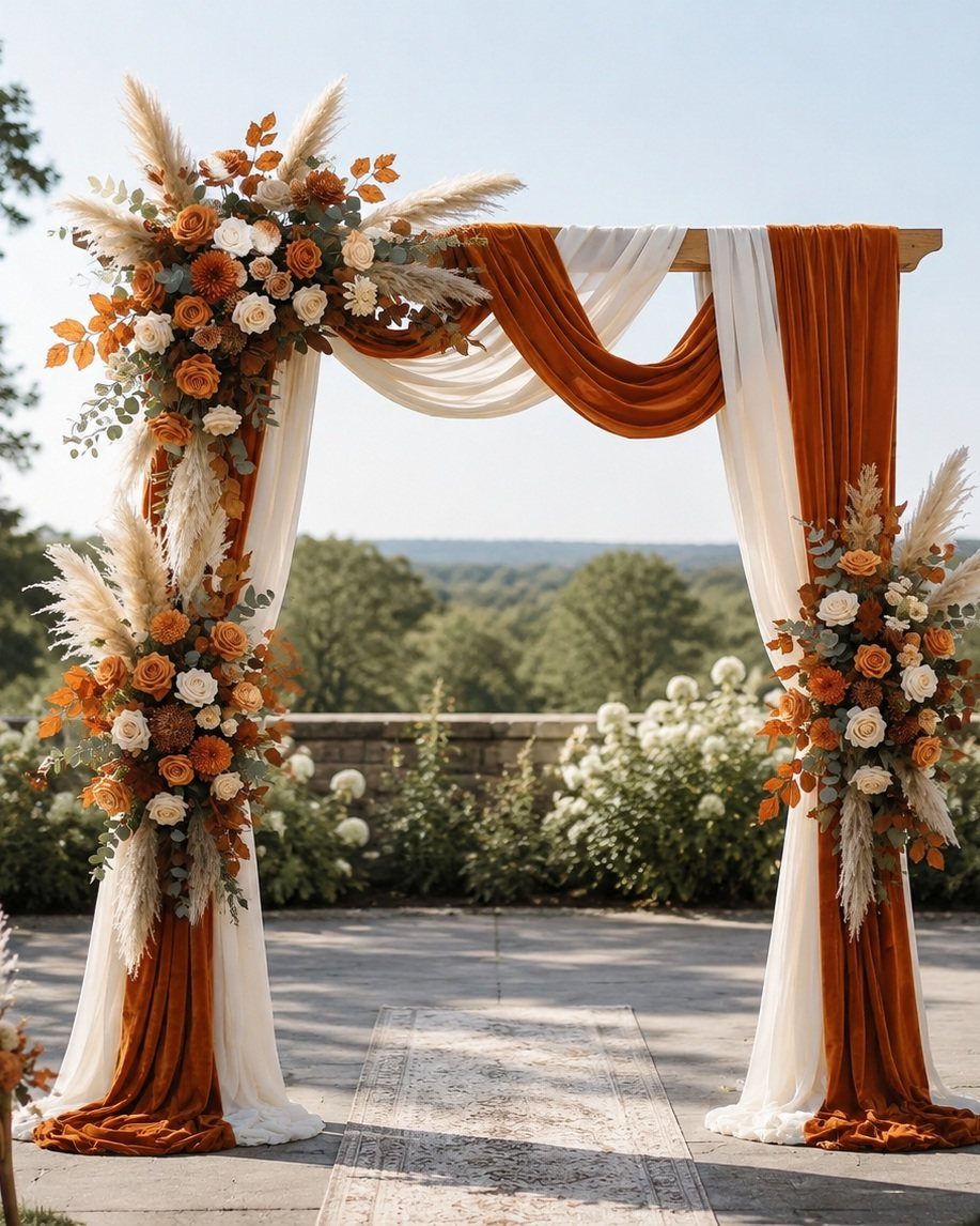 A wooden wedding arch decorated with rust fabric and autumn-colored floral arrangements outdoors.
