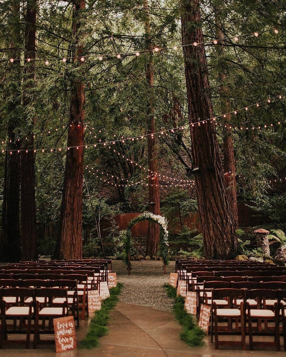 Wooden chairs line a gravel aisle decorated with greenery leading to a floral arch in a forest.