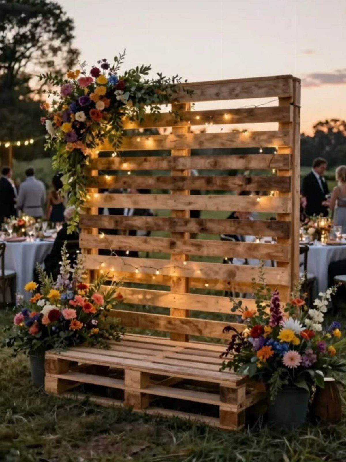 Wooden pallet backdrop decorated with colorful wildflowers and twinkling fairy lights in an outdoor setting.