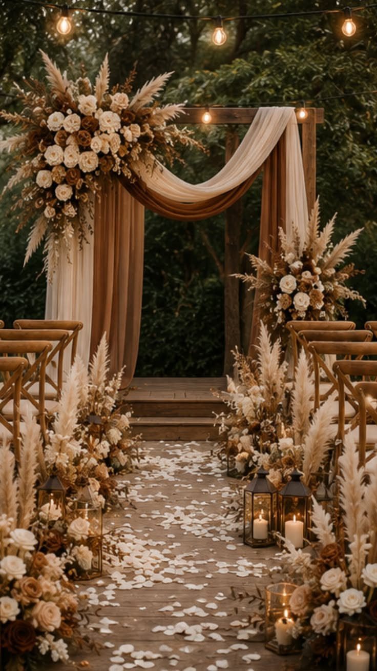 Wedding ceremony aisle featuring a wooden arch with draped fabric and dried floral arrangements.