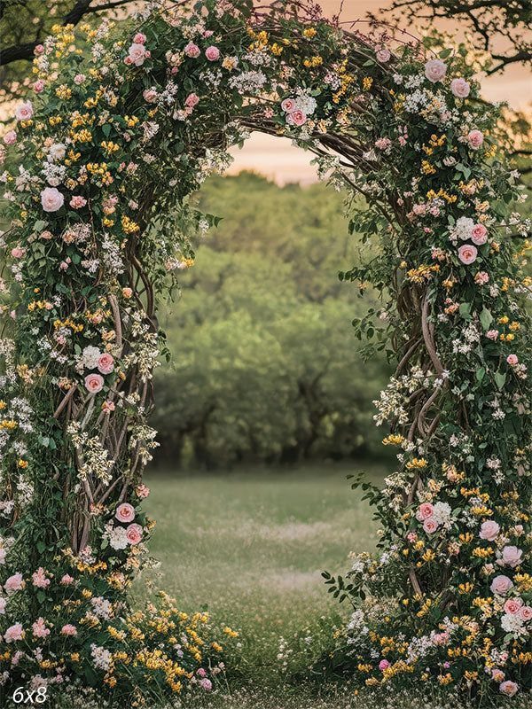 A large floral arch made of branches and colorful wildflowers standing in a grassy field.