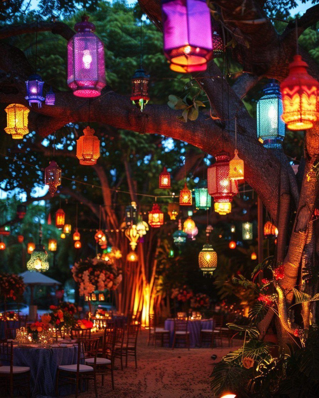 Colorful glass lanterns hanging from tree branches over an outdoor evening wedding reception setup.