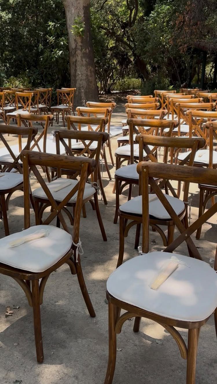 Wooden cross-back chairs with white cushions arranged in rows under forest trees.