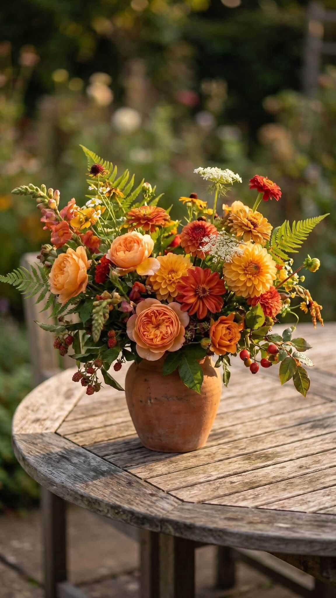 Orange and yellow seasonal flowers with greenery in a terracotta vase on a wooden table.