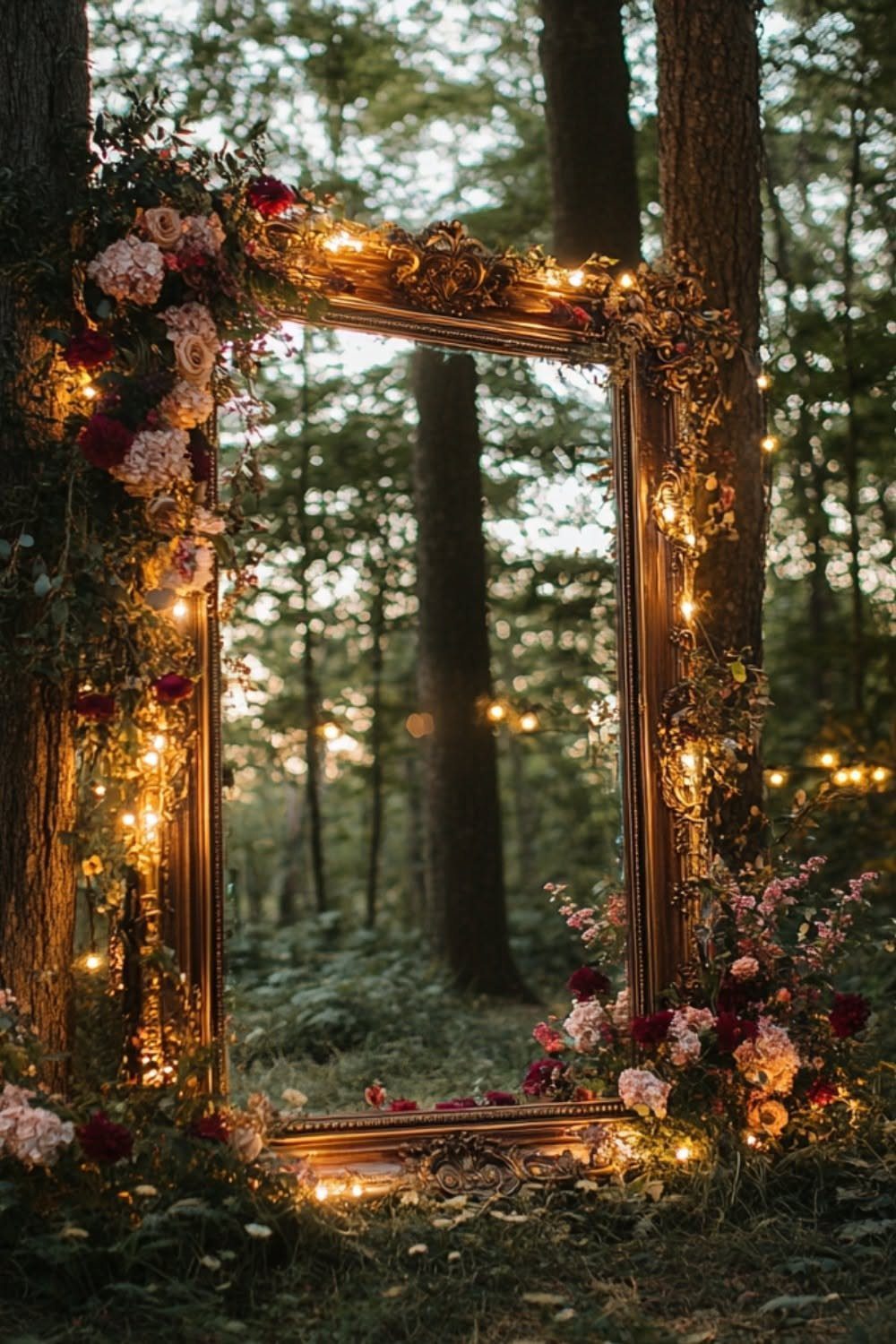 Ornate gold vintage mirror decorated with flowers and fairy lights in a forest setting.
