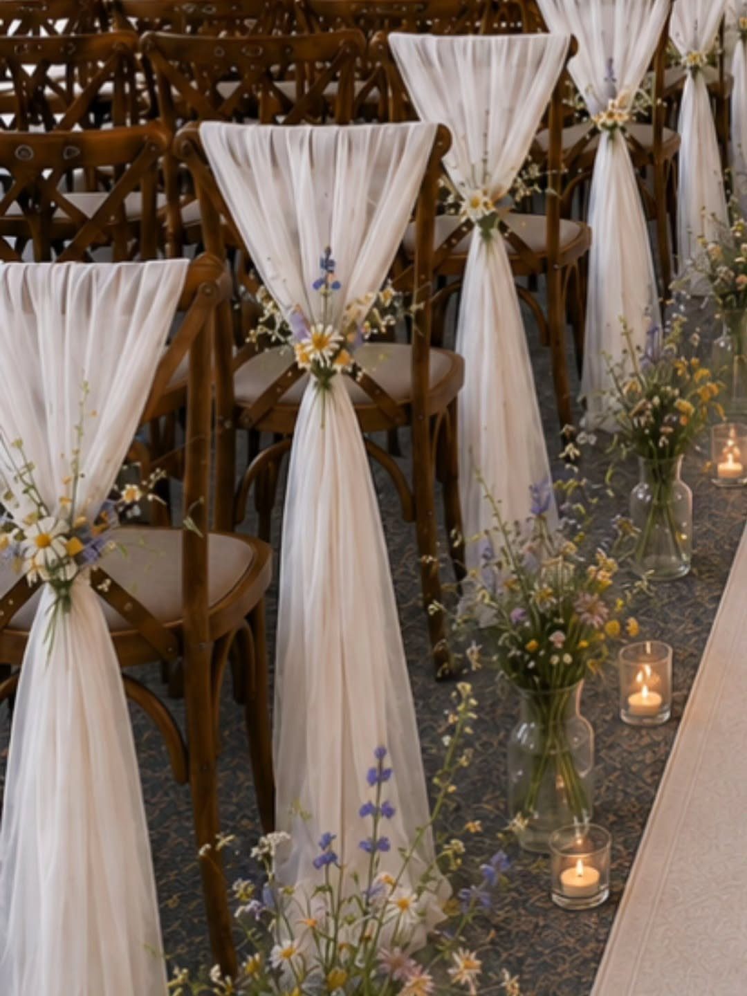 Wooden chairs with white fabric draping and wildflowers lining a wedding ceremony aisle.