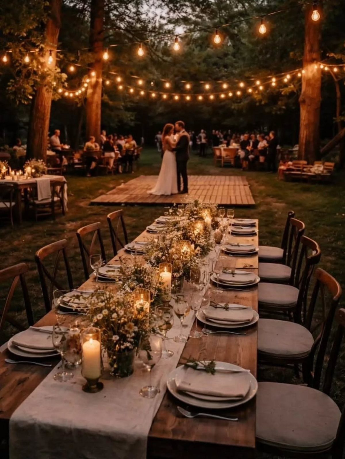 A long wooden wedding table decorated with wildflowers, candles, and white linens in a forest setting.