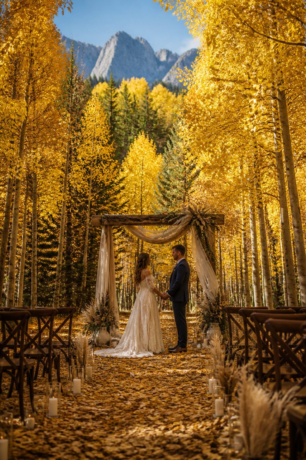 Couple in an aspen grove during a fall wedding ceremony.