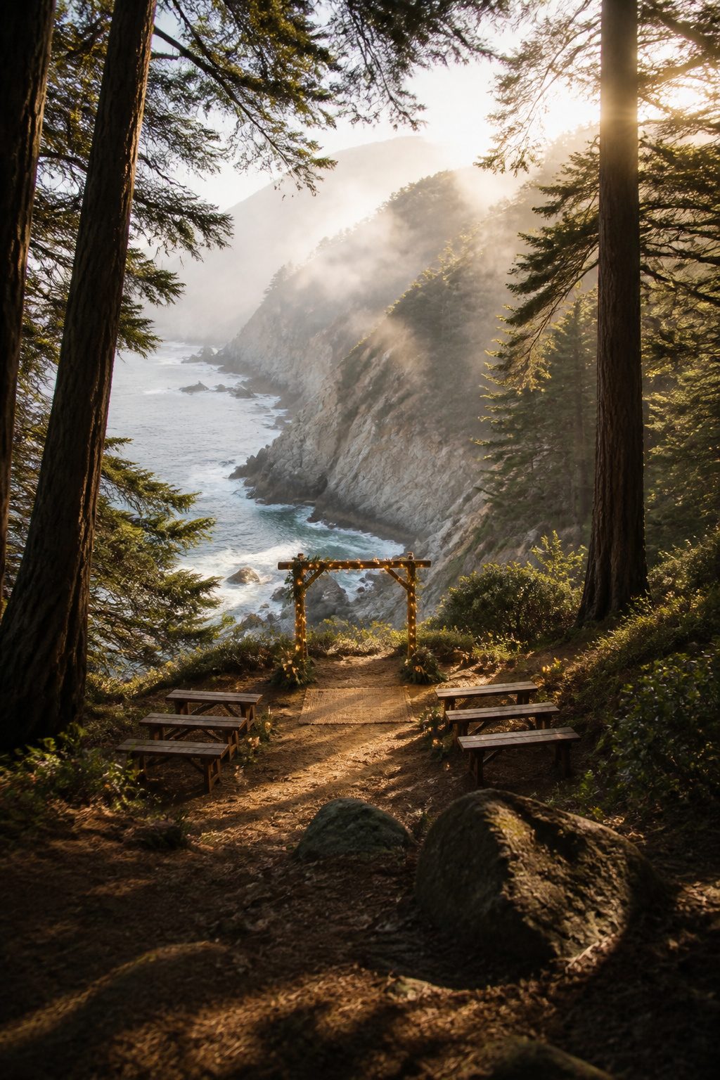 Couple standing under redwoods at Big Sur during a wedding.