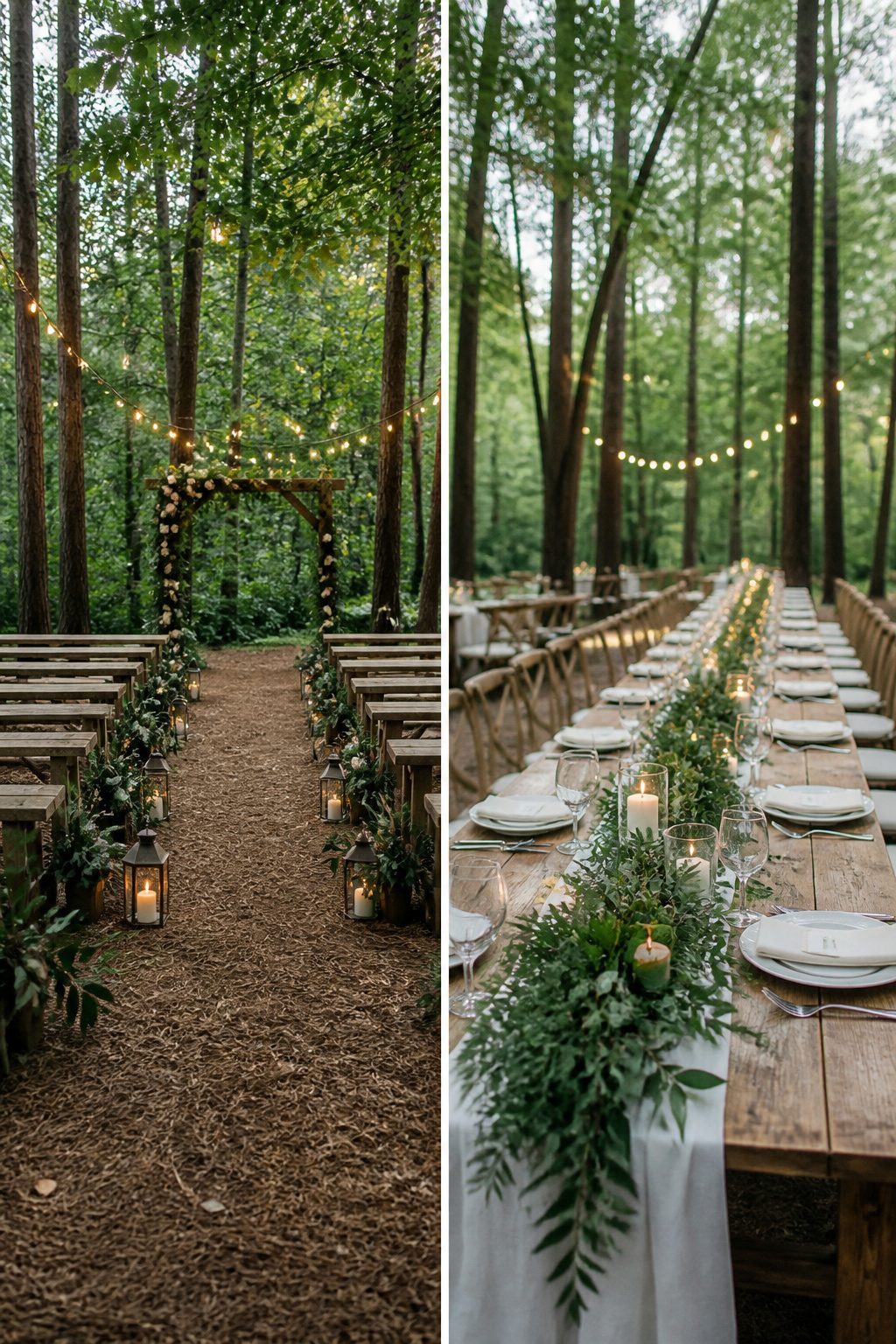 Wooden signage and greenery at a forest wedding venue.