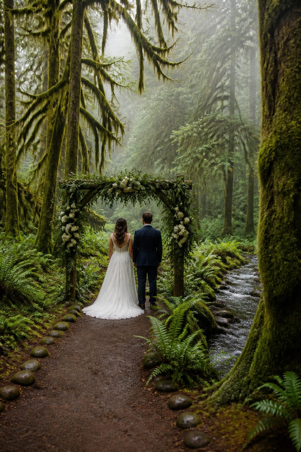 Wedding altar surrounded by moss and trees in Hoh Rainforest.