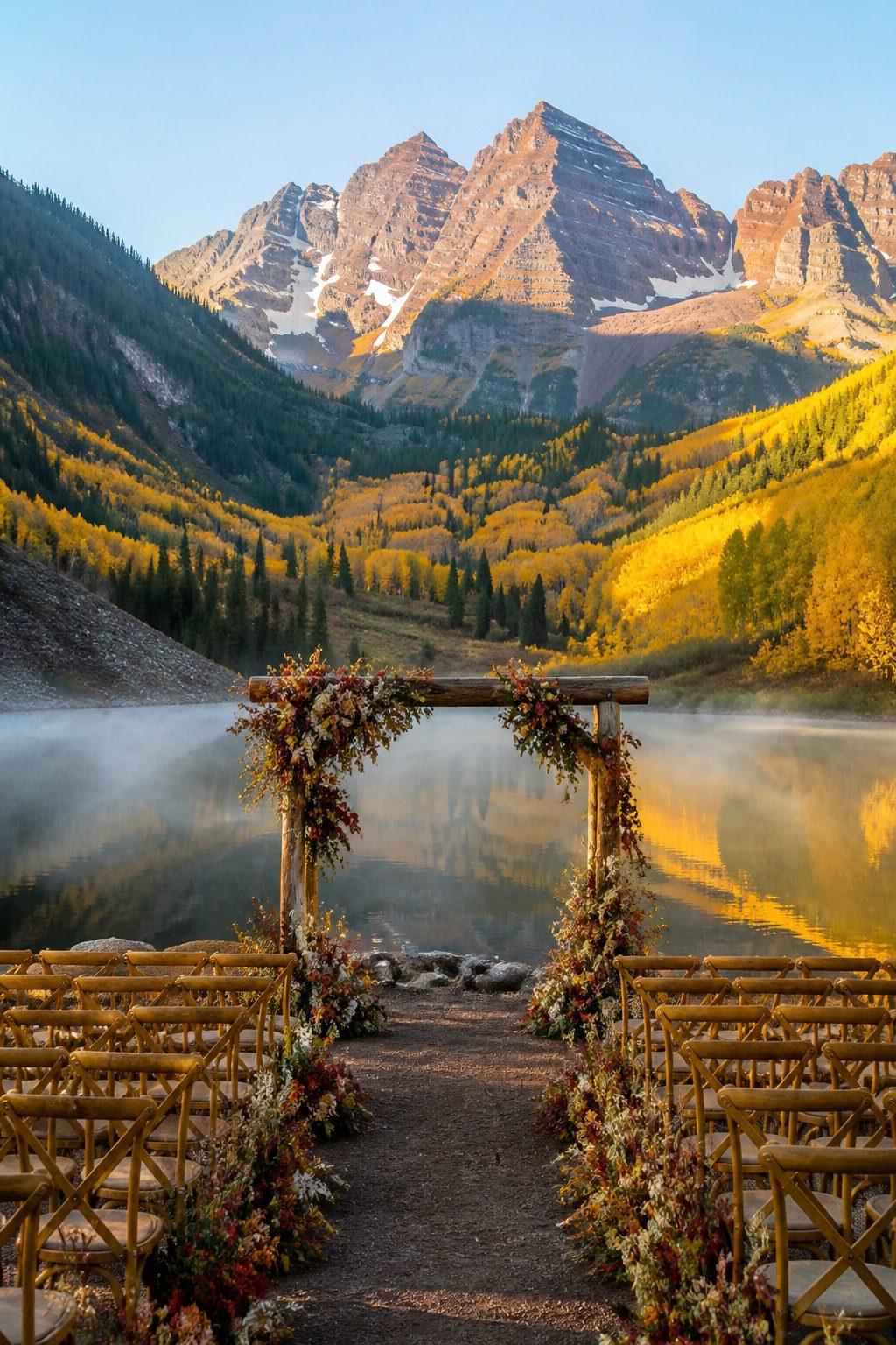 Reflection of Maroon Peaks in Maroon Lake during a wedding.