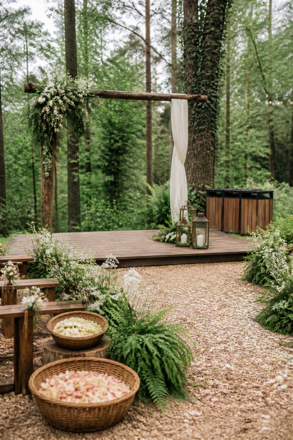 Rustic altar with eco-friendly decor at a forest wedding.