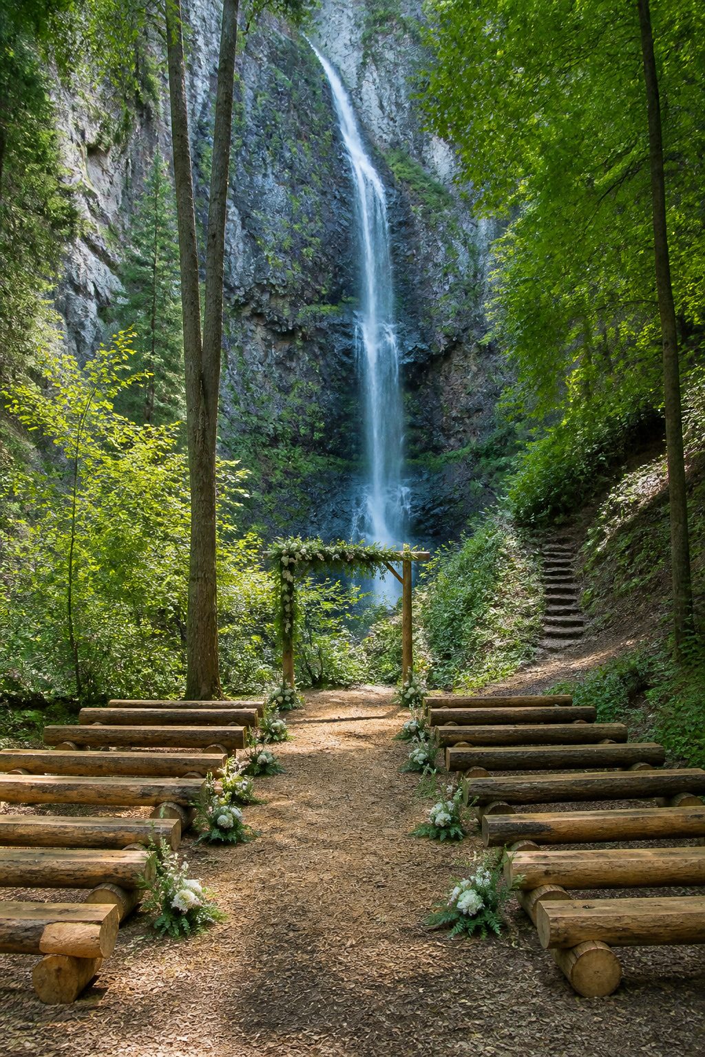Ceremony site near a waterfall surrounded by lush forest.