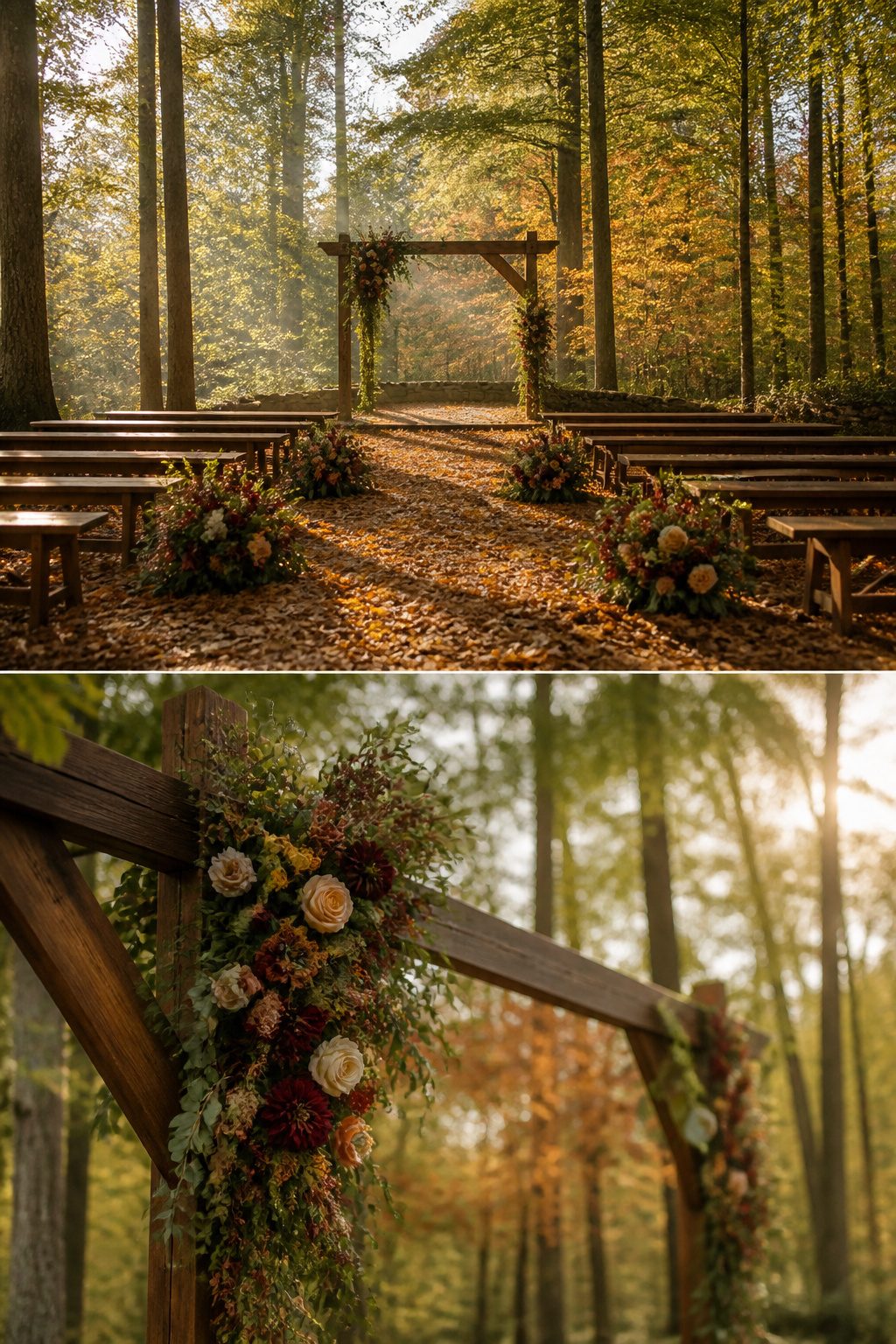 Forest wedding scene highlighting seasonal changes in nature.