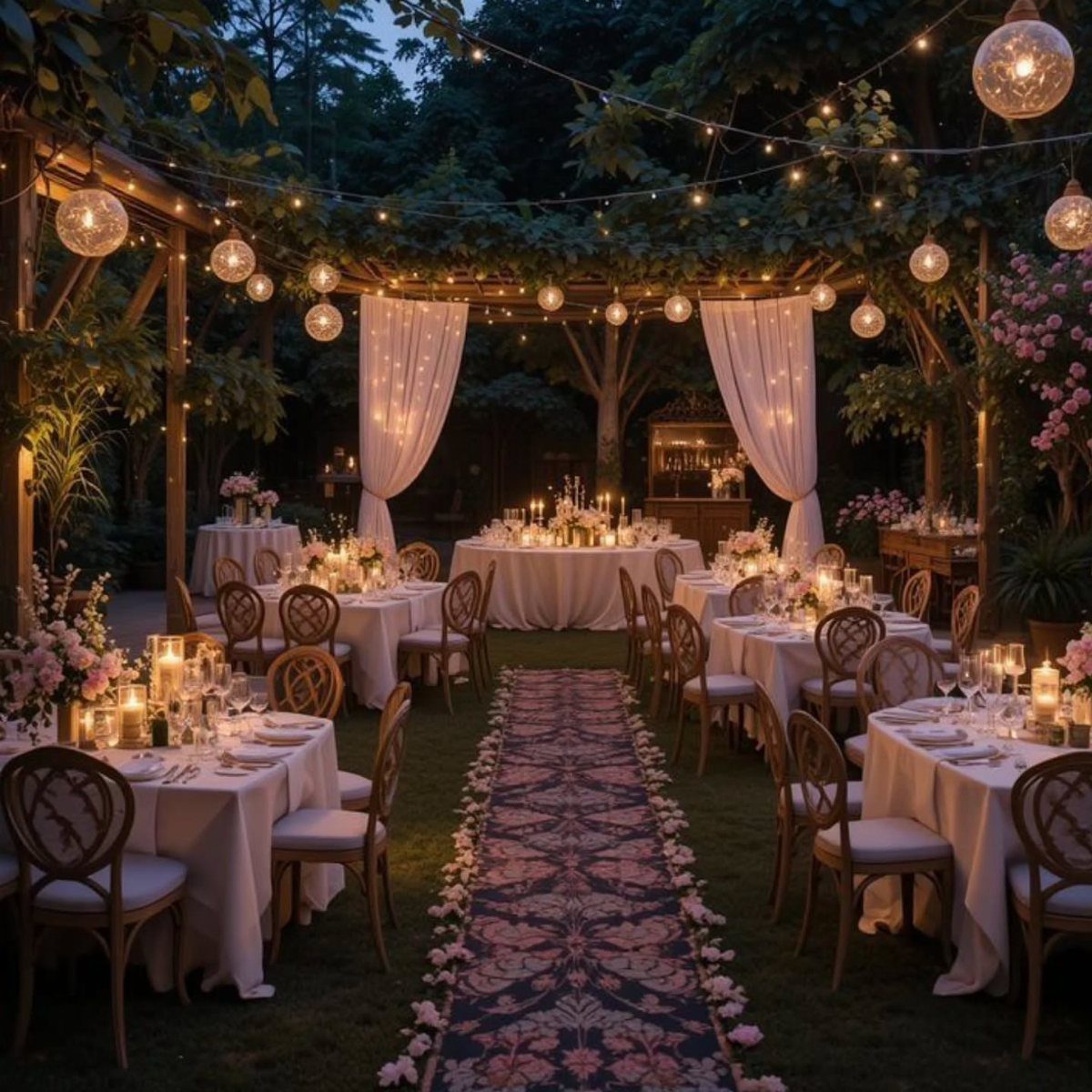 Elegant outdoor wedding reception tables set with white linens and flowers under glowing string lights.