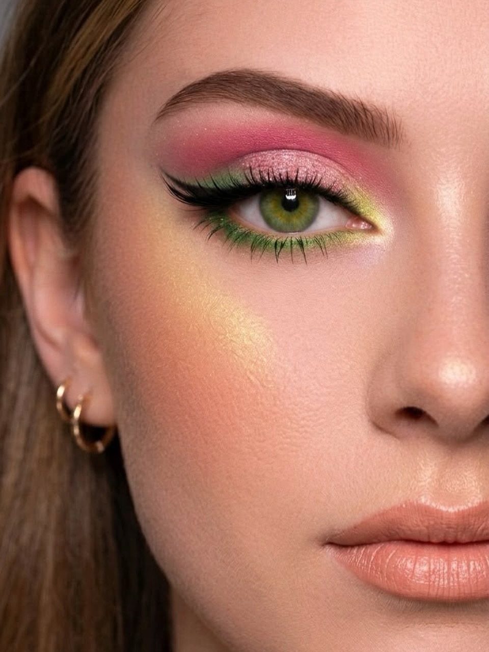 Close-up of a person's eye with bright pink and green eyeshadow and winged eyeliner.