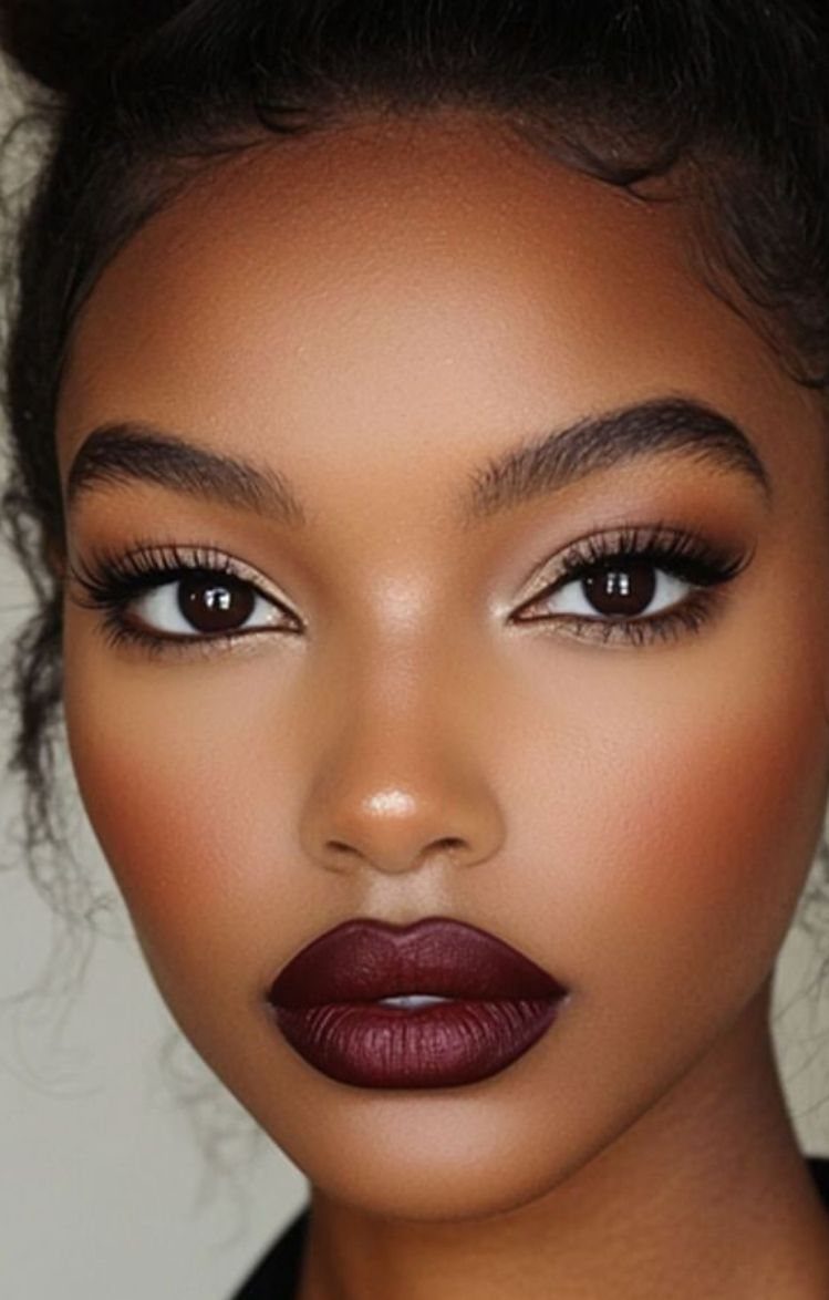 A woman with dramatic dark burgundy matte lipstick and warm peach blush on her cheeks.