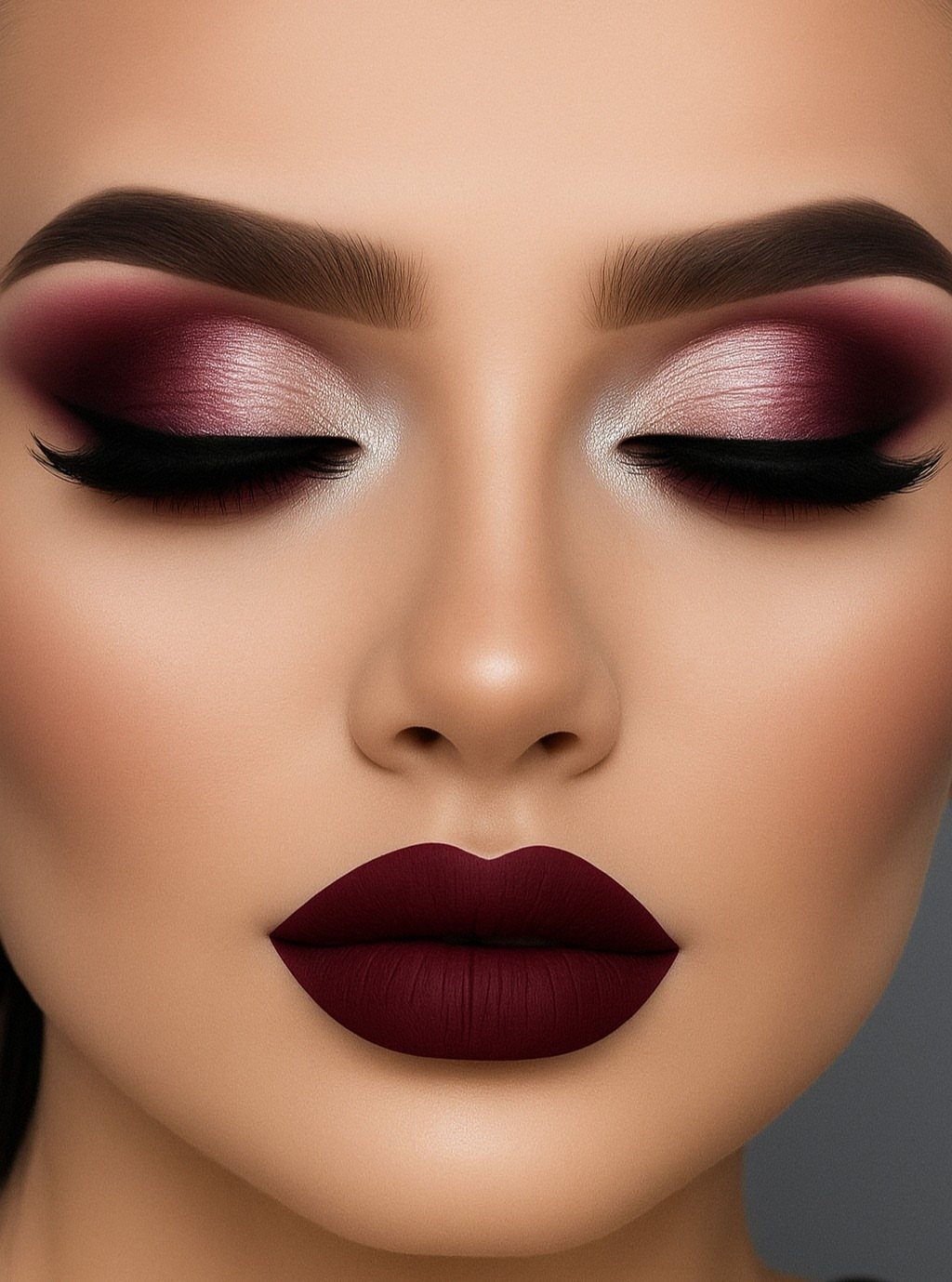 Close-up of a face with shimmery pink and burgundy eyeshadow and dark matte lips.