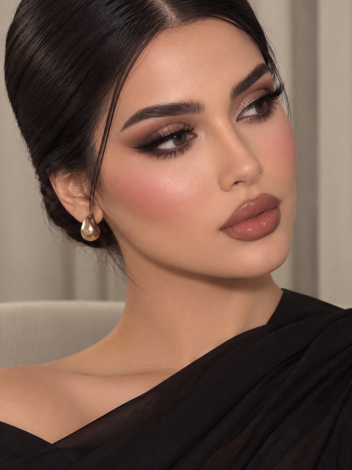 Woman with dark hair wearing soft smoky eye makeup, peach blush, and glossy lips.