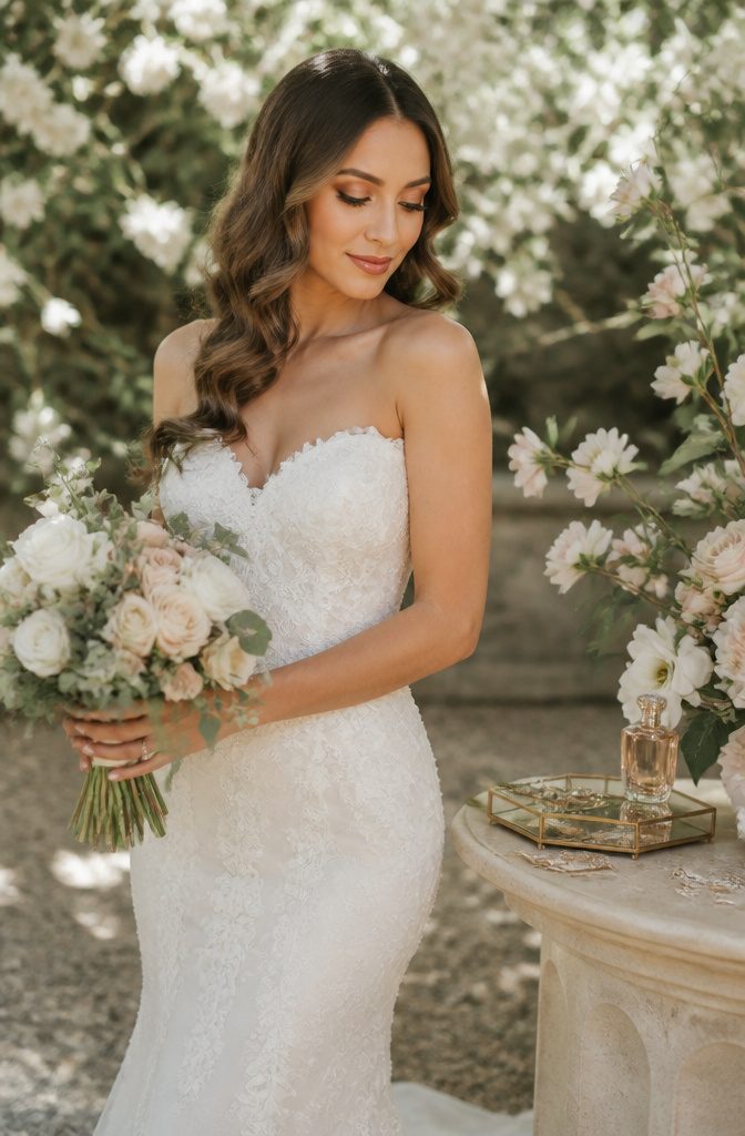 Bride in a garden with soft waves and natural makeup under floral canopy.