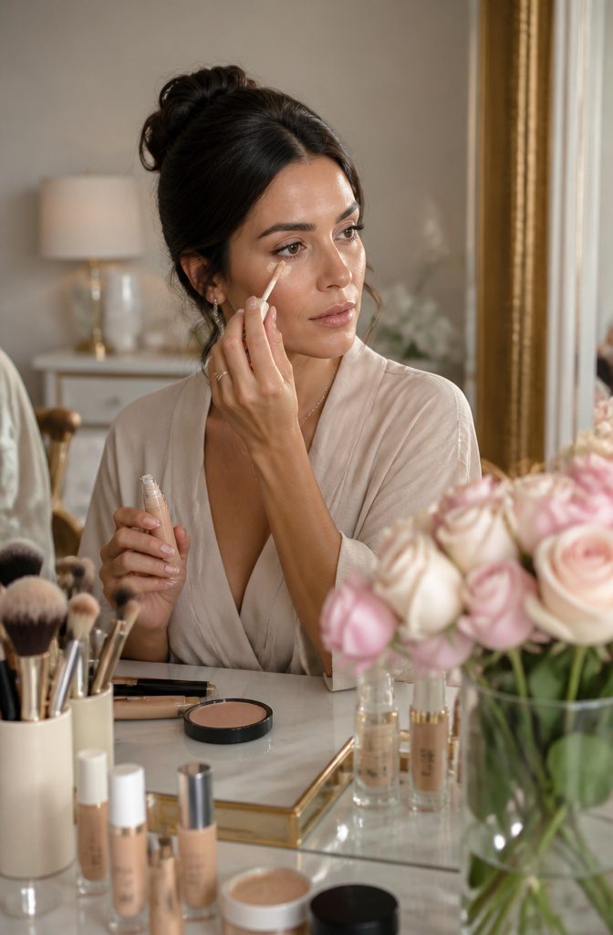 Model applying concealer beneath her eyes surrounded by makeup tools.