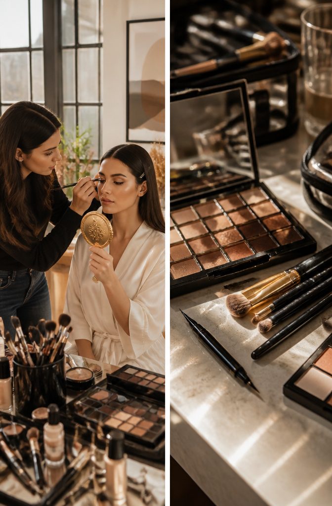 Makeup products including primer and eyeshadow for eye makeup application.