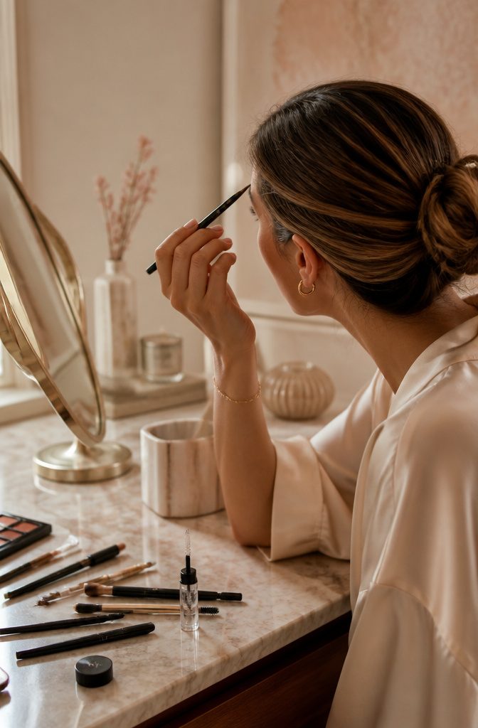 Model shaping her eyebrows with a fine pencil and various brow products.
