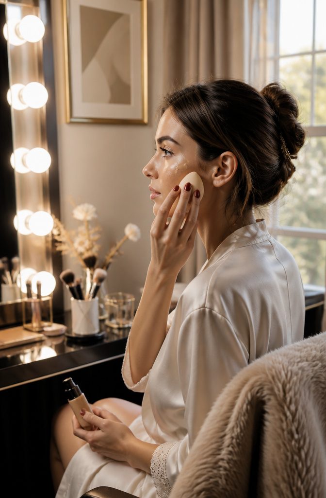 Model applying foundation with a damp sponge at a beautifully lit vanity.