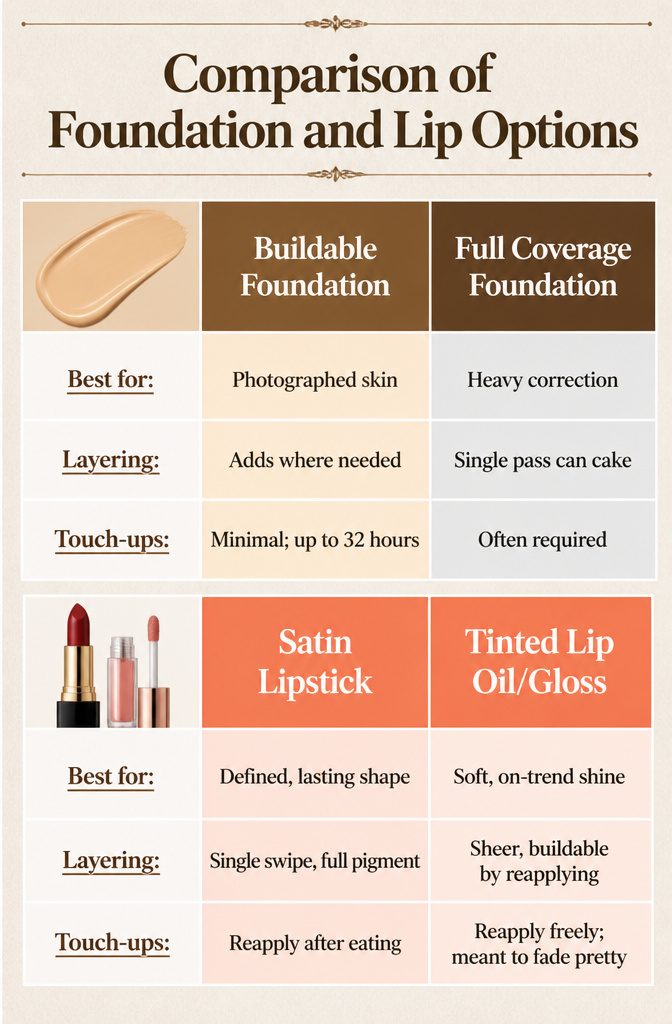 Chart comparing different foundation and lip options for makeup application.