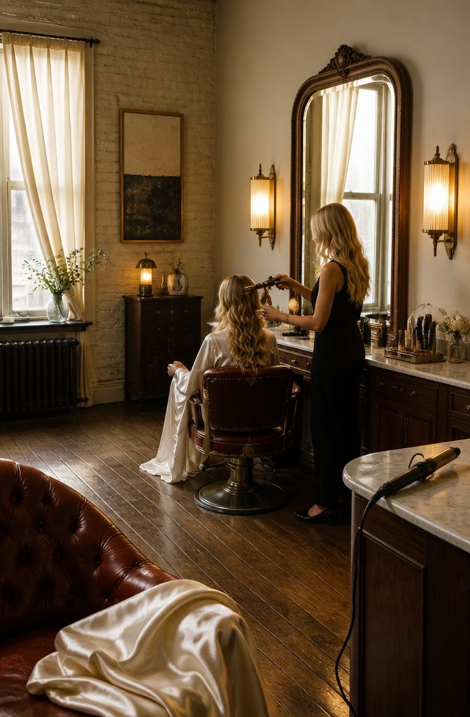 Model curling her hair into waves using a large-barrel curling iron.