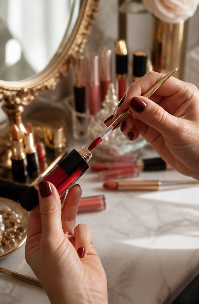 Model applying red lip color and contour pencil for a glamorous lip look.