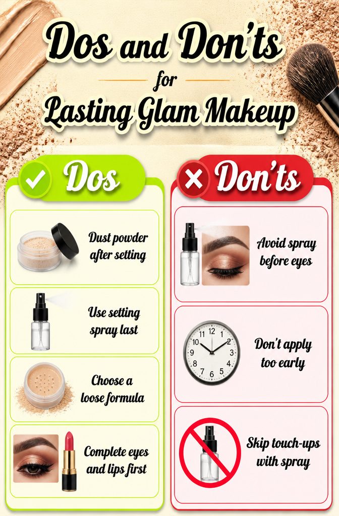Graphic displaying tips for achieving lasting glam makeup.