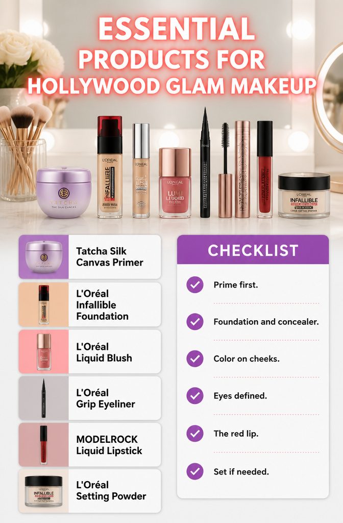 Various makeup products listed as essentials for Hollywood glam makeup.