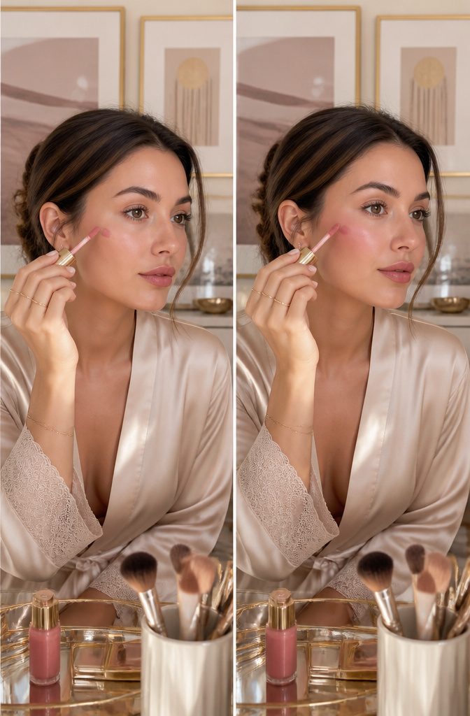 Model applying liquid blush with a natural look in a softly lit room.