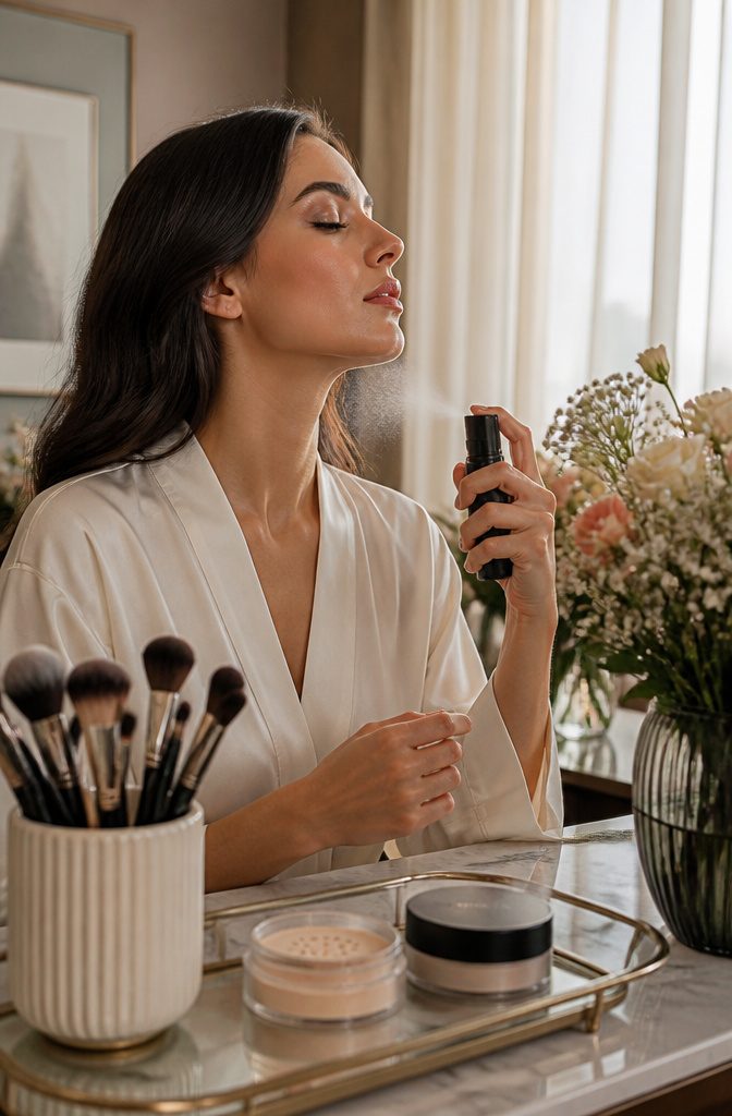 Model using setting spray with makeup tools on a well-organized vanity.