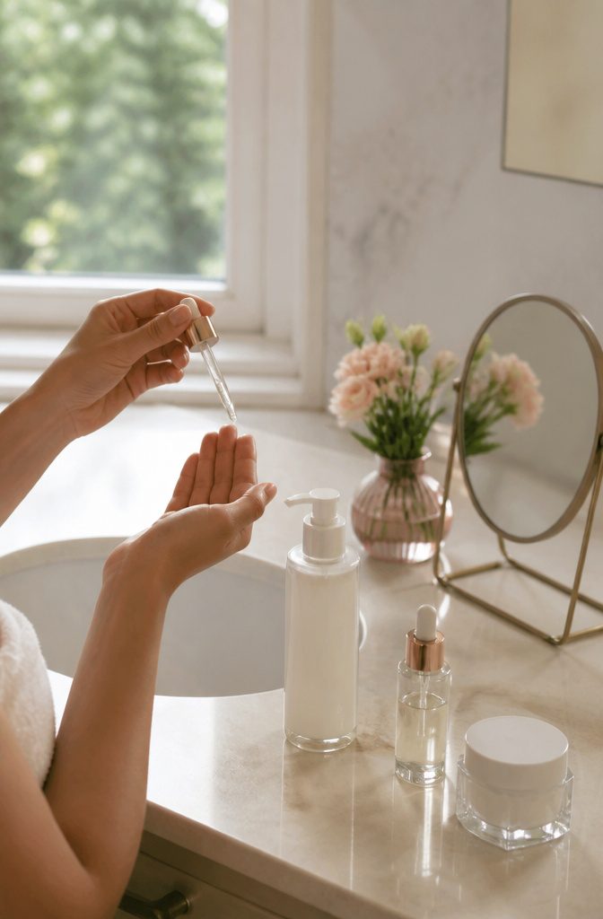Skincare products on a bathroom counter with a hand applying serum.