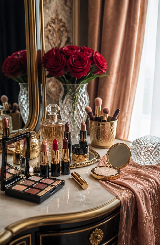 Makeup products displayed on a vintage vanity, emphasizing glamour.