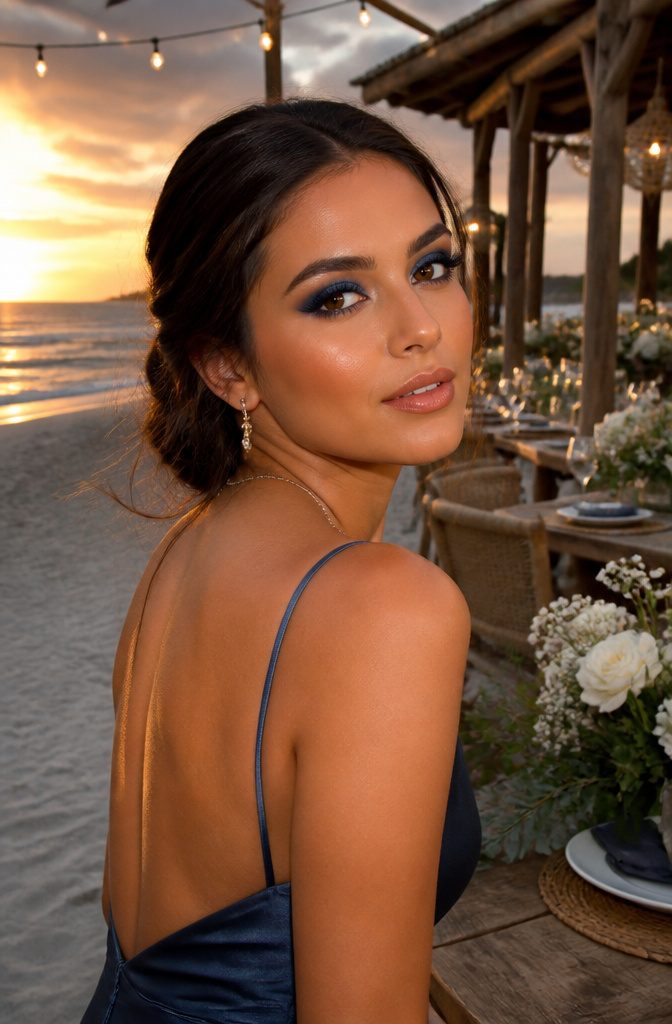 Model with Blue Eyeshadow at a beachside wedding during sunset.