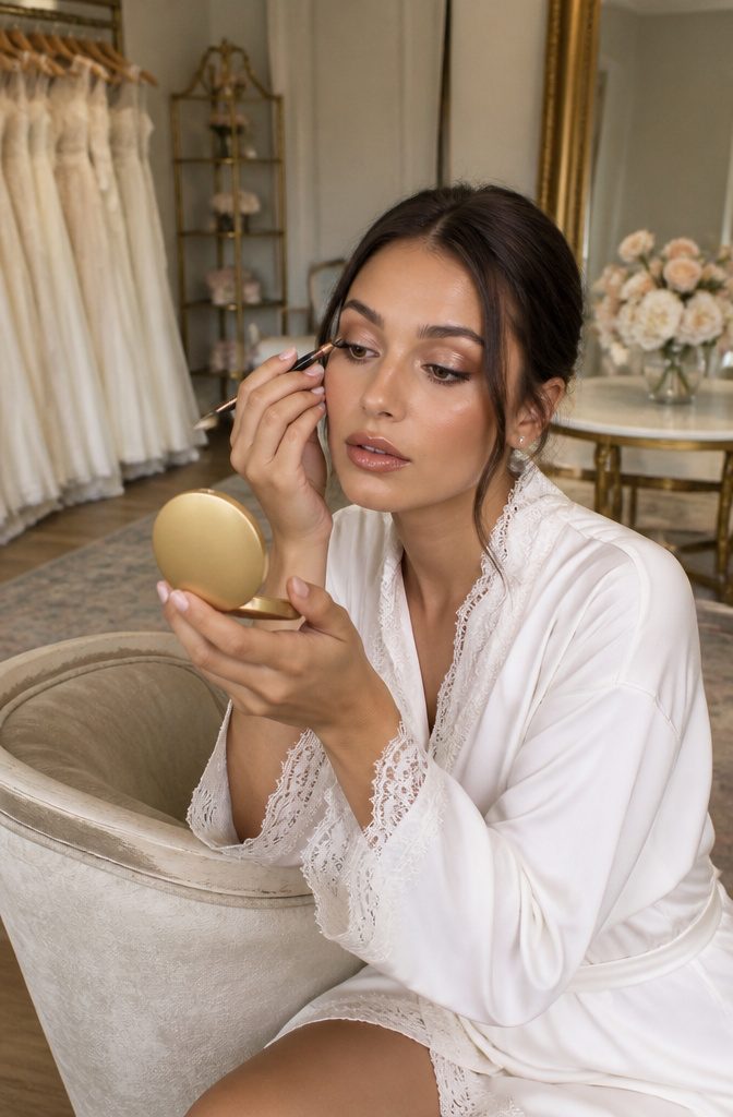Model showing Chocolate Liner and Glossy Lid makeup in a bridal boutique.