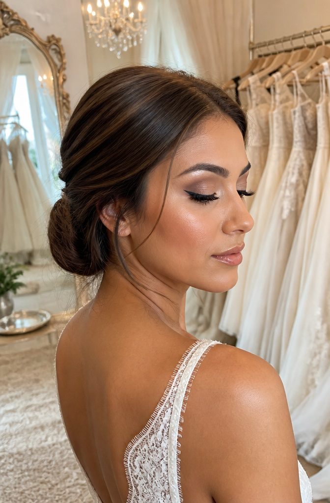Model showcasing a Classic Matte Cut Crease makeup look in a bridal salon.
