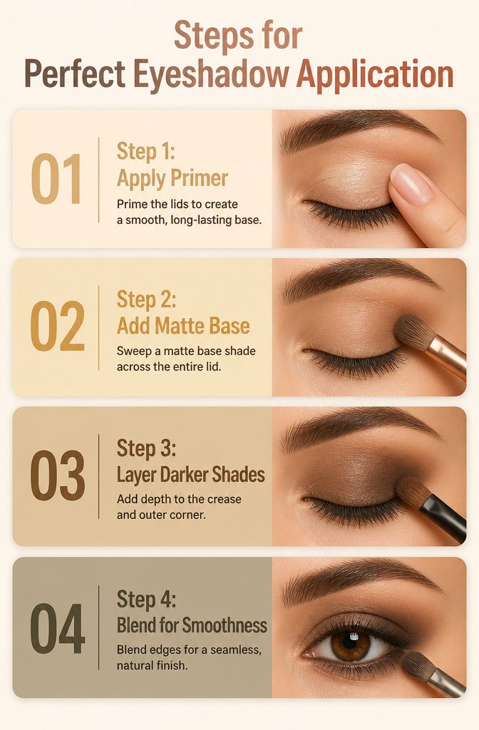 An image titled 'Steps for Perfect Eyeshadow Application' with a makeup guide.