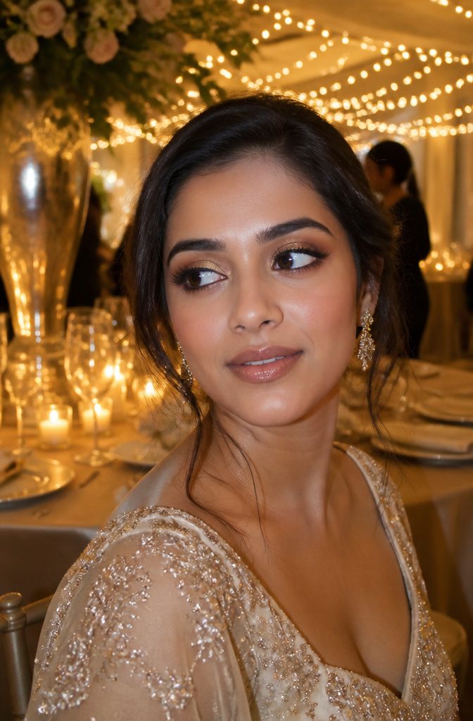 Model with Gold Halo Eye makeup in a candlelit wedding venue.