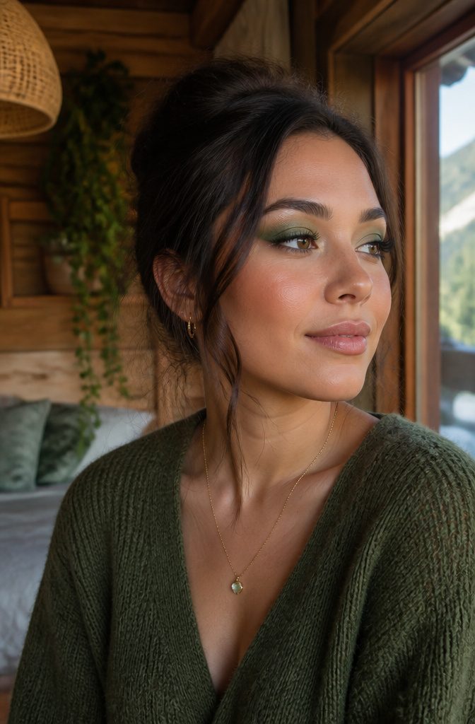 Model showcasing Green Eyeshadow in a rustic cabin with greenery.