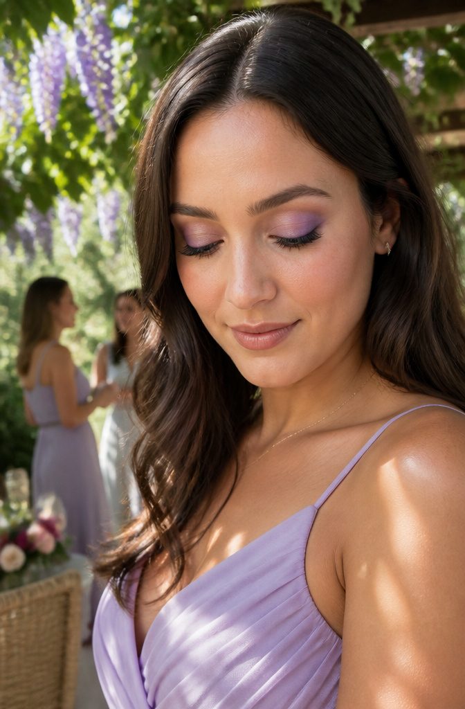 Model wearing soft lavender eyeshadow in an outdoor garden setting.