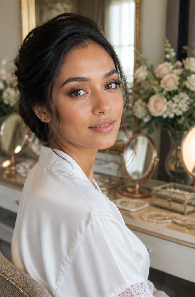 Model with deep brown eyes wearing satin bronze eyeshadow in a bridal suite.