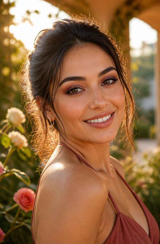 Model with brown eyes displaying a Sunset Smoky Eye look in a garden.