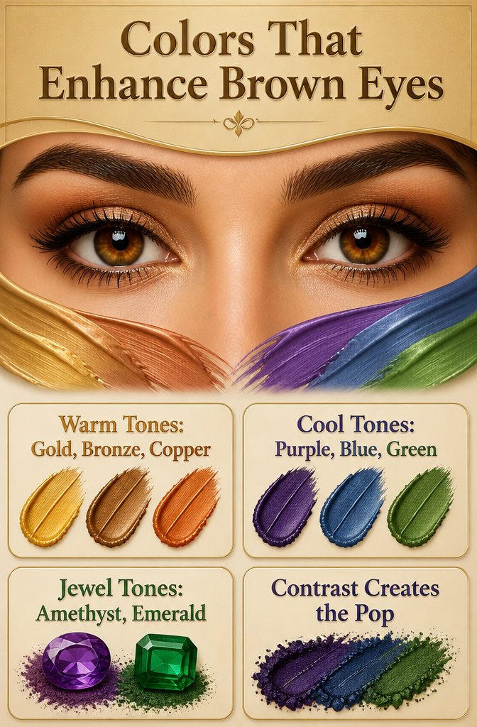 An image titled 'Colors That Enhance Brown Eyes' with color swatches.